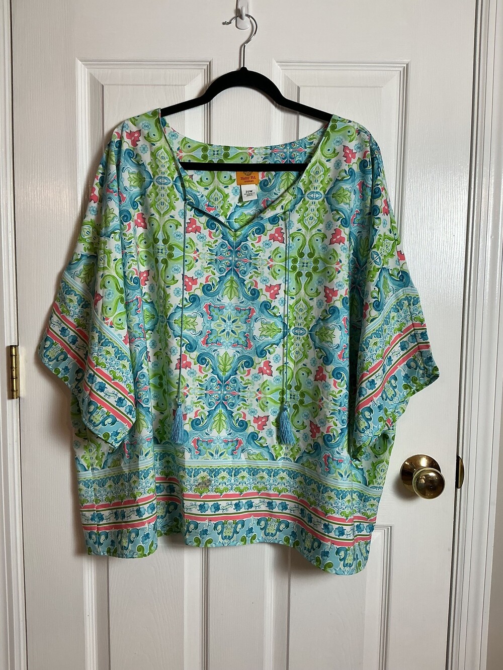 Ruby Rd 22W Paisley Print Blouse Boho V Neck Tassel Tie Plus Size